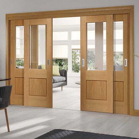 Thruslide Piacenza Oak 1 Panel Flush - 4 Sliding Doors and Frame Kit - Groove Design - Clear Glass Sliding Door Coverings, Sliding Glass Door Coverings, Glass Door Coverings, Sliding Doors Internal, Sliding Door Window Treatments, Glass Cupboard, Wooden Sliding Doors, Sliding French Doors, Door Coverings