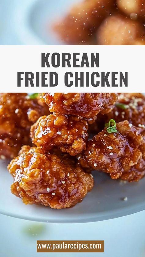 Sweet, spicy, and irresistibly crispy—Korean Fried Chicken is a must-try dish for every chicken lover! 🍗❤️ #KoreanDelights #FriedChickenMagic #CrispyCravings #SweetAndSpicy #AsianFlavors #ChickenLoversUnite #KoreanCuisine #CrunchyGoodness #SatisfyYourCravings #BoldFlavors Korean Sweet Chili Chicken, Korean Fried Chicken Batter Recipe, Fried Chicken Ideas Dinners, Soy Garlic Korean Fried Chicken, Korean Crispy Chicken, Korean Chicken Recipe, Crispy Korean Fried Chicken, Asian Cuisine Recipes, Korean Food Recipes