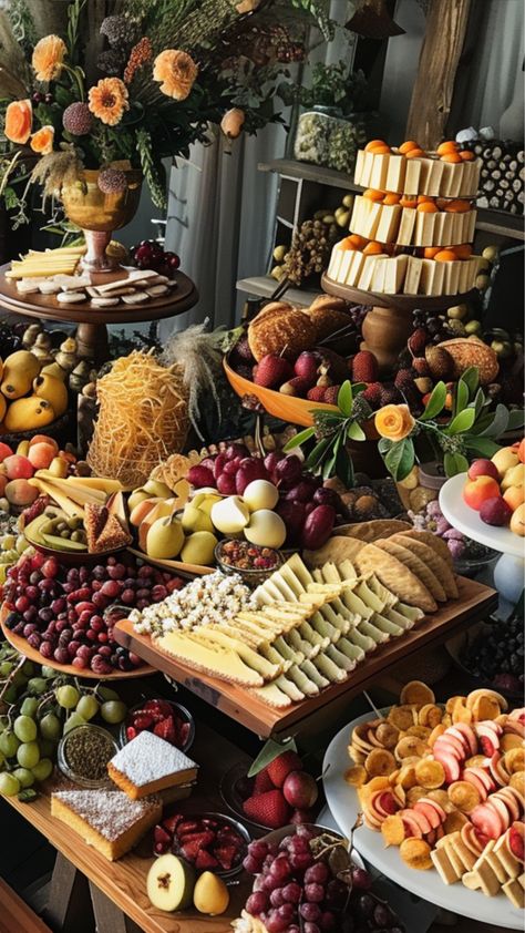 creative grazing table with multitude of wedding foods Fruit And Cheese Grazing Table, Savory Grazing Table, Fall Catering Display, Salad Bar For Wedding, Wedding Dinner Ideas Food Buffet, Tiered Grazing Table Ideas, Layered Grazing Table, Autumn Grazing Table, Wedding Reception Charcuterie Table