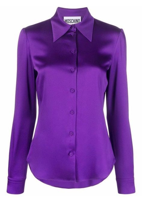 Violet Shirt Outfit, Dark Purple Blouse, Moschino Clothes, Luxurious City, Glasses Outfit, Satin Button Up, Sabrina Spellman, Satin Long Sleeve, Formal Shirt