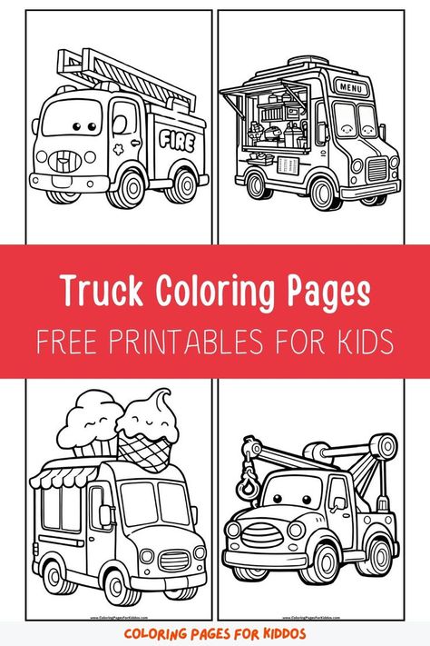 A collection of four truck coloring pages featuring a fire truck, food truck, ice cream truck, and tow truck. Transportation Coloring Pages Free, Truck Crafts For Toddlers, Free Coloring Pages Printables For Kids, Truck Crafts, Truck Coloring Pages, Detailed Coloring Pages, Color Activities, Free Printable Coloring Pages, Creative Play