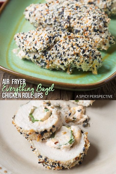 Crispy Air Fryer Everything Bagel Chicken Roll Ups Recipe (With Oven Instructions) #ASpicyPerspective #lowcarb #skinnytastoneanddone Everything Bagel Chicken, Low Carb Air Fryer, Chicken Roll Ups, Chicken Roll, Chicken Rolls, Keto Friendly Desserts, Air Fryer Recipes Chicken, Cheese Stuffed, Air Fryer Chicken