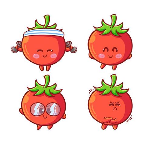 Fruits Character Illustration, Tomato Cartoon Drawing, Tomato Illustration Cute, Tomato Character Design, Cute Tomato Cartoon, Tomato Character, Tomato Cartoon, Bean Character, Tomato Drawing