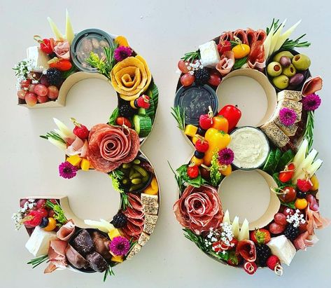 Of course, if your board is for an occasion such as an important birthday or anniversary, you could get very creative with number-shaped charcuterie! Cardboard Numbers Charcuterie, Number Snack Board, Number Box Charcuterie, Numbers Charcuterie Board, Number Shaped Charcuterie Board, 2024 Charcuterie Board Numbers, Mrs Charcuterie Board, Happy Birthday Charcuterie Board, Charcuterie Number Board