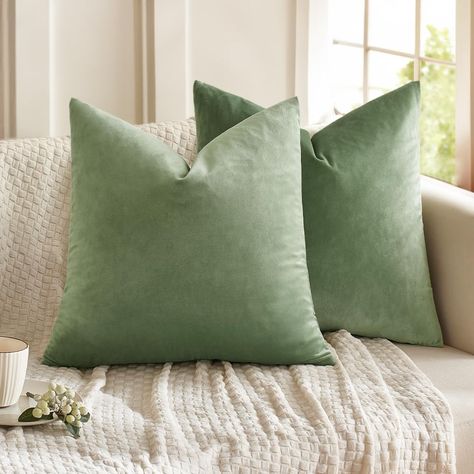 Amazon.com: MIULEE Pack of 2 Velvet Soft Solid Decorative Square Throw Pillow Covers Set Cushion Case for Spring Couch Sofa Bedroom Car 18x18 Inch 45x45 cm : Home & Kitchen Sage Green Pillow, Cozy Throw Pillows, Green Pillow Covers, Modern Farmhouse Home Decor, Uni Room, Toddler Pillow, Old Pillows, Couch Throw, Farmhouse Home Decor