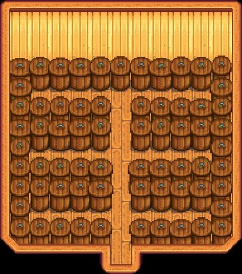 Optimized shed layout for kegs and preserves jars Shed Layout, Big Shed, Make Pickles, Stardew Farms, Fish Roe, Farm Building, Stardew Valley Layout, Stardew Valley Tips, Stardew Valley Farms