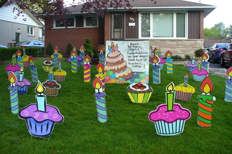 Cupcakes and Candles are a sure hit for a birthday celebration. Oshawa, ON www.alloccasionssigns.com Birthday Lawn Decorations, Harry Potter Birthday Decorations, Stall Decorations, Lawn Decorations, Outdoors Birthday Party, Birthday Yard Signs, Backyard Birthday, Outdoor Birthday, Diy Xmas Gifts