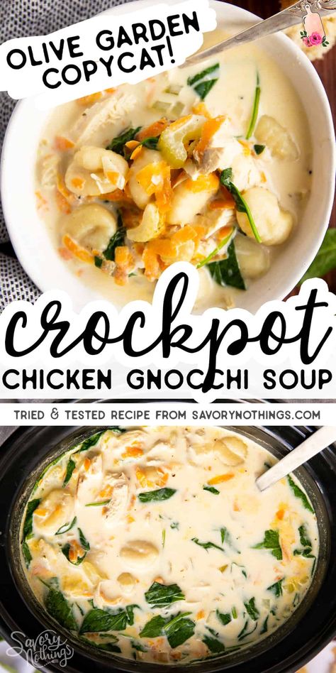 Try this crockpot chicken gnocchi soup on a day you need an easy and comforting dinner ready for you after a long day! The slow cooker does most of the work for you (a dump and go kind of meal!), and then you finish it with gnocchi, evaporated milk (or cream!) and spinach shortly before you're ready to serve dinner. Better than Olive Garden! | #copycatrecipe #olivegarden #olivegardencopycat #slowcookersoup #crockpotsoup #crockpotrecipes #slowcookerrecipes #chickendinner #chickensoup #... Crockpot Chicken Gnocchi, Crockpot Chicken Gnocchi Soup, Chicken And Gnocchi Soup, Chicken And Gnocchi, Comforting Dinner, Chicken Gnocchi, Chicken Gnocchi Soup, Gnocchi Soup, Crockpot Soup Recipes