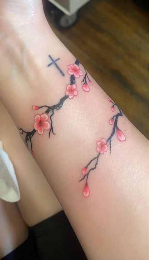 Cherry Blossom Tattoo Simple, Wrap Around Ankle Tattoos, Wrap Around Wrist Tattoos, Flowers Tattoos, Around Arm Tattoo, Wrap Around Tattoo, Sakura Tattoo, Tattoo Artist Tattoo, Tattoo Ideas Unique