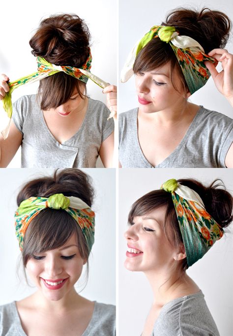 Tie a head scarf into a bow around your head- like a headband! Description from pinterest.com. I searched for this on bing.com/images Rockabilly Hair Tutorials, Head Scarf Tutorial, Cabelo Pin Up, Greaser Girl, Easy Vintage Hairstyles, Rockabilly Hair, Hair Scarf Styles, Head Scarf Styles, Bandana Hairstyles