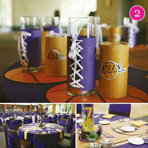 Lakers Birthday Party, Lakers Party, Dodger Party, Adoption Shower, Sneaker Ball, Centerpieces Party, Lakers Basketball, Basketball Party, Basketball Theme