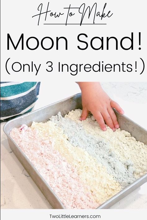 Read all about a moon sand recipe and moon dough recipe. Learn about this taste safe sensory play idea and sensory activity for toddlers. Find out more about how to make moon sand at twolittlelearners.com Play Sand, Moon Dough Recipe, Moon Sand Recipe, Edible Moon Sand Recipe, How To Make Moon Dough Without Corn Starch, Edible Sand Sensory Play, Moon Dough, Diy Moon Sand, Edible Sand