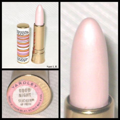 Frosty lipstick!!!  .........Yardley Good Night Slicker Lip Polish. Sold for $127.50 in 2014. Frosty Lipstick, 70s Beauty, Vintage Toiletries, 1960s Makeup, Goblin Mode, White Lipstick, 80s Makeup, Beauty Advertising, Retro Makeup