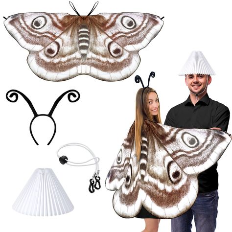 PRICES MAY VARY. Halloween Moth and Lamp Couple Costume Set: it includes 1 moth cape that mimic butterfly wings, a matching 1 moth antenna headband, and the accessory of 1 white fabric lampshade along with 1 windproof rope, providing you with a truly complete and delightful couple costume experience Material: the moth cape is crafted from soft, lightweight chiffon material, the lampshade and moth antenna headband are both designed with comfortable fabric that is easy on the skin and durable enou Moth Couple Costume, Moth Diy Costume, Butterfly Wing Costume, Moth Costume Women, Moth Costume Diy, Moth Antenna, Moth Halloween Costume, Moth Cape, Butterfly Wing Cape