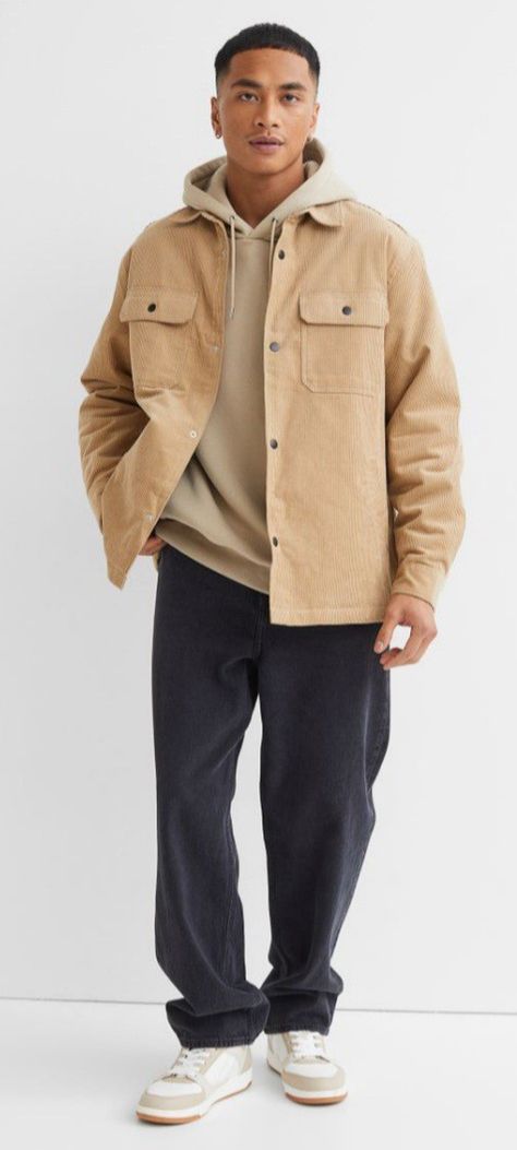 Beige Trucker Jacket Outfit Men, Tan Corduroy Jacket Outfit Men, Cream Hoodie Outfit Men, Mens Modern Fashion, Beige Jacket Outfit Men, Outfit Sobrecamisa, Zipper Jacket Outfit, Brown Hoodie Outfit, Beige Jacket Outfit