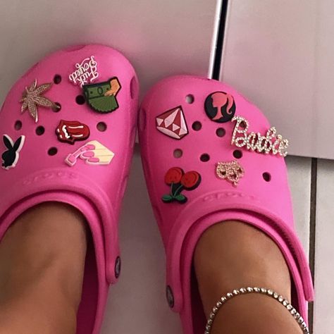 Pink Crocs With Crazy jibbits Pink Barbie Crocs, Designed Crocs, Barbie Crocs, Crocs Aesthetic, Pink Playboy, Crocs Outfit, Crocs Slides, Crocs Pink, Crocs Fashion