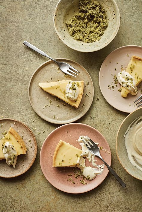 Lemon Tart with Basil Cream | Recipe Cherry Slab Pie, Egg Yolk Recipes, Lemon Tart Recipe, Vegetarian Cookbook, Lemon Filling, Cooking Thermometer, Pastry Shells, British Bake Off, Great British Bake Off