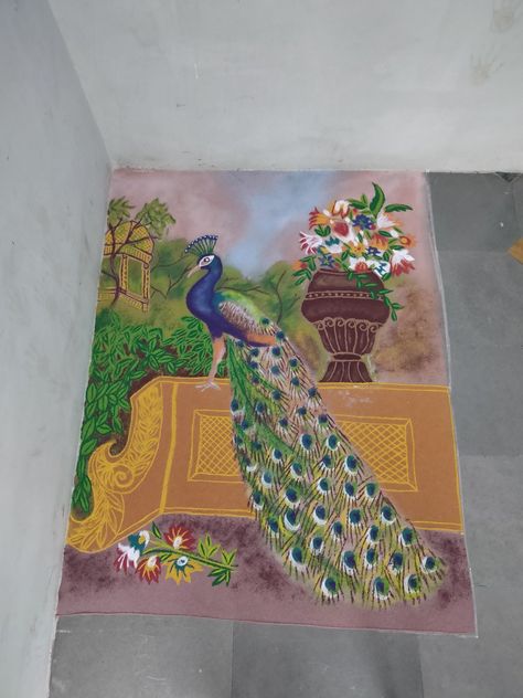 Unique Rangoli Designs For New Year, Rangoli Designs Poster, Peacock Rangoli Designs Diwali Latest, Peacock Rangoli Designs, Rangoli Painting, Rangoli Photos, 3d Rangoli, Pookalam Design, Poster Rangoli