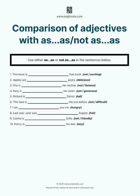 Use either as...as or not as...as in the sentences below. Follow the link and explore more worksheets on Adjectives. Answer key included. Print-friendy. #english #adjectives #englishgrammar #eslworksheets #esl #eslwebsite #engblocks As Adjective As Worksheet, Worksheets On Adjectives, Comparison Of Adjectives, Comparative Adjectives Worksheet, Adjectives Worksheet, Degrees Of Comparison, Preposition Worksheets, English Adjectives, Adjective Worksheet