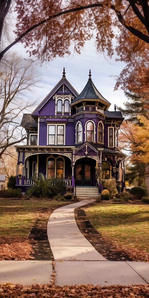 Victorian House With Turret, Victorian House Porch, Victorian Tiny House Interior, Victorian Witch House, Painted Victorian House, Purple Victorian House, Victorian House Exterior, Small Victorian Homes, Sims Exterior