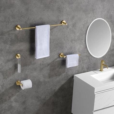 A four-piece hardware set so you can transform your bathroom into the glam spa of your dreams. Brass Bathroom Hardware, Plumbing Bathroom, Bathroom Hardware Set, Wayfair Furniture, Widespread Bathroom Faucet, Bathroom Hardware, Shower Faucet, Towel Bar, Simple Lines