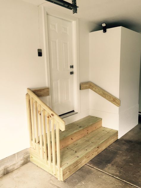 The Loyal Handyman General Contracting is sharing some photos from a current project. Therma-tru door. Wood treated steps. Door Stairs, Garage Steps, Garage Stairs, Step Ideas, Garage Entryway, Garage Floor Paint, Basement Layout, Garage Renovation, Entry Stairs