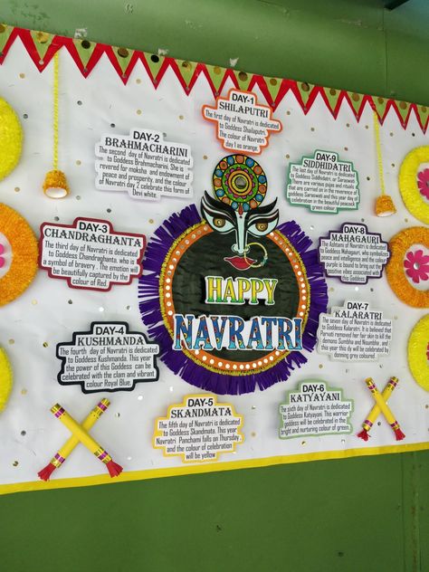 Garba Decoration For School, Navaratri Board Decoration Ideas, Navratri Celebration Ideas In School, Navratri Decoration At School, Dandiya Board Decoration, Navratri Class Decoration, Navratri Bulletin Board Ideas School, Navratri School Decoration, Durga Puja Bulletin Board Ideas