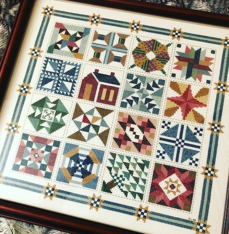 Amy Kraft on Instagram: “This piece hangs in my craft room and I just love it. Linda Myers Classic Block Quilt Sampler VIII that I purchased in Fargo,ND when they…” Quilt Cross Stitch Patterns, Cross Stitch Quilt, Quilt Sampler, Cross Stitch Sampler Patterns, Country Sampler, Block Quilt, Stitch Sampler, Cross Stitch Love, Cross Stitch Finishing