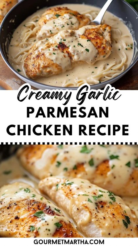 Savor the rich and comforting flavors of this Creamy Garlic Parmesan Chicken! This one-pan dish combines tender chicken with a velvety garlic parmesan sauce that’s irresistible. Perfect for busy weeknights or a cozy weekend dinner.

#CreamyChicken #GarlicParmesan #OnePanMeals #EasyDinner #ComfortFood #WeeknightDinner #ChickenRecipes #QuickMeals #ParmesanChicken #HomemadeCooking #Foodie Shredded Parmesan Chicken, Chicken Parm White Sauce, Creamy Chicken Dishes, Garlic Parm Crockpot Chicken, Chicken And Heavy Cream Recipes, Chicken With Parmesan Garlic Sauce, Chicken Parmesan Sides Dishes, Easy Chicken Receipes, Chicken Parmesan Sides