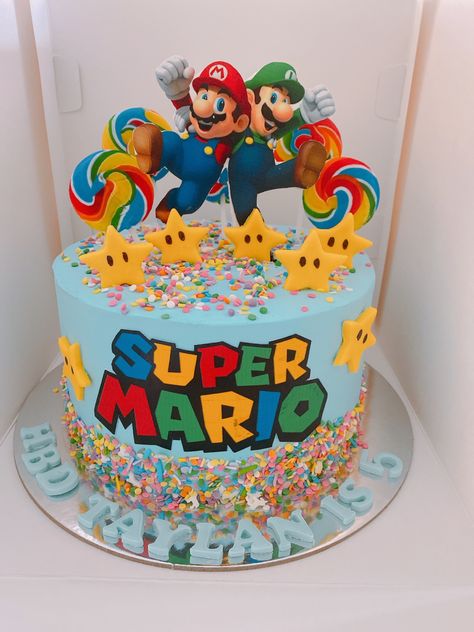 Mario Birthday Party Cake Buttercream, Easy Mario Bros Cake, Super Mario Brothers Cake Ideas, Mario Ice Cream Cake, Simple Mario Cake Ideas, Supermario Cakes For Boys, Easy Super Mario Cake Ideas, Mario Cakes For Boys, Mario Birthday Cake Simple