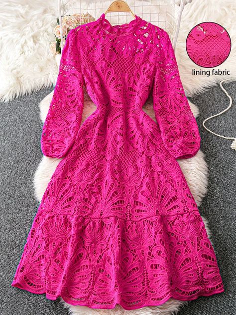 Women Elegant Solid Color Lace Lantern Sleeve Dress, Autumn Hot Pink Elegant,Modest  Extra-Long Sleeve Fabric Colorblock,Plain,All Over Print A Line Non-Stretch  Women Clothing, size features are:Bust: ,Length: ,Sleeve Length: Lace Lanterns, Dress Autumn, Lantern Sleeve Dress, Extra Long Sleeves, Women's Shapewear, Lantern Sleeve, Inspiration Mode, Lantern Sleeves, Womens Midi Dresses