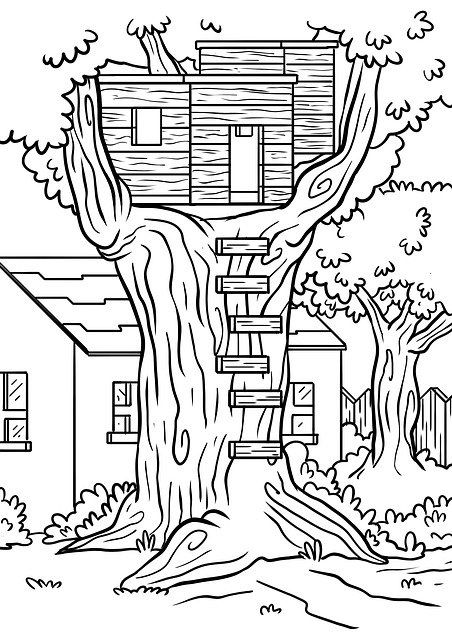 White Treehouse, Spook Houses, House Coloring Pages, Garden Coloring Pages, Chat Kawaii, House Colouring Pages, Picture Tree, Cool Coloring Pages, Christmas Coloring Pages