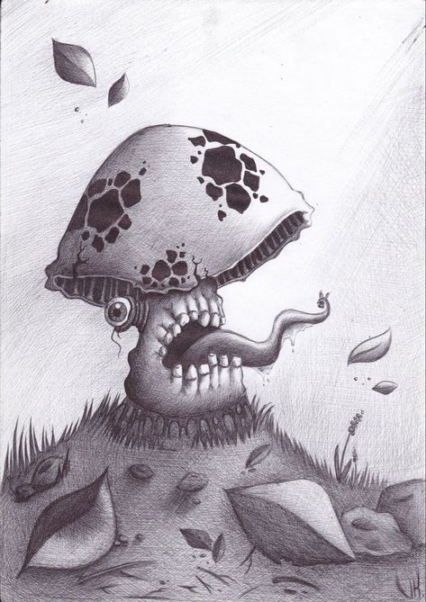 Creepy Mushroom, Monster Mushroom, Mushroom Drawing Ideas, Mushroom Monster, Mushroom Drawings, Clay Turtle, Art Trippy, Trippy Drawings, Mushroom Drawing