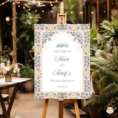 Welcome your guests with this beautiful and elegant Mughal Nikkah Welcome Sign!! Nikkah Board, Indian Wedding Events, Pink And Green Theme, Islamic Wedding, Green Theme, Orange And Green, Printed Invitations, Peacocks, Print Store