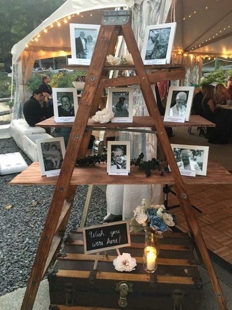 Memory wedding ladder decor ideas #wedding #weddings #weddingideas #himisspuff #ladder Wedding Ladder Decor, Ladder Decor Ideas, Wedding Ladder, Rustic Country Wedding Ideas, Ladder Wedding, Country Wedding Centerpieces, Country Wedding Ideas, Bow Decorations, Memory Table Wedding