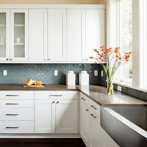 Concrete Farmhouse Sink & Shaker Cabinets Thermofoil Kitchen Cabinets, Kitchen Cabinets Materials, Shaker Style Kitchen Cabinets, White Shaker Kitchen Cabinets, Transitional Kitchens, White Shaker Kitchen, Kitchen Cabinets And Countertops, White Shaker Cabinets, Shaker Style Kitchens