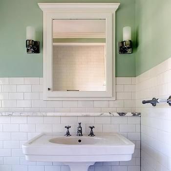 since pedestal sink provides no counter space: bathroom is wide enough to make  bumpout behind sink, cover with marble or tile for setting items on! White And Green Bathroom, Green Marble Bathroom, White Subway Tile Bathroom, Bathroom Feature Wall, Bathroom Green, Bathroom Sink Design, Sink Shelf, Floating Shelves Bathroom, White Subway Tiles