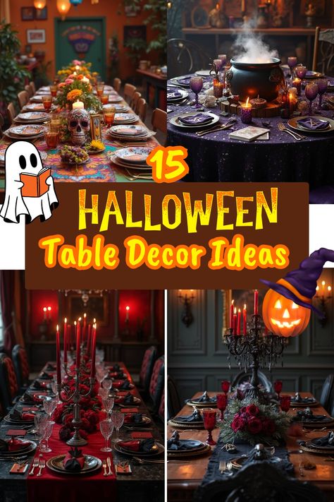 An image showcasing various Halloween table decor ideas, featuring eerie gothic themes, chic table settings, spooky centerpieces, and festive Halloween details that set the perfect haunting atmosphere for gatherings. Halloween Table Settings Ideas Party, Halloween Table Themes, Witch Tablescape, Halloween Party Table Setup, Witchy Table, Halloween Table Settings, Halloween Table Decor, Round Table Decor, Halloween Tablescape