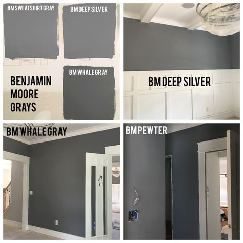 Benjamin Moore Deep Grays.     Sweatshirt Gray (2126-40), has a blueish tinge.      Deep Silver (2124-30), a deep, neutral gray.   Whale Gray (2134-40), a very deep gray, a nice alternative to Amherst Gray, which has a lot more brown.    Pewter (2121-30), another deep gray with the slightest tinge of blue. Sweatshirt Gray Benjamin Moore, Deep Silver Benjamin Moore, Deep Gray Paint, Amherst Gray Benjamin Moore, Benjamin Moore Whale Gray, Benjamin Moore Deep Silver, Whale Gray Benjamin Moore, Benjamin Moore Gray Paint Colors, Battleship Grey Paint Behr