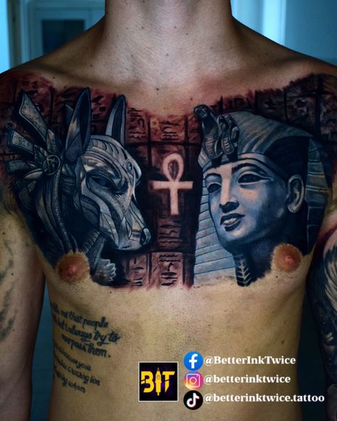 Anubis, anubis tattoo, egyptian tattoo, chest tattoo, full chest tattoo, chest tattoo for men, tattoo ideas for men, tattoo design, chest tattoo design, pharaoh tattoo, best chest tattoos for men, tattoo inspiration Full Chest Piece Tattoo, Egyptian Chest Tattoo Men, Egyptian Tattoo Anubis, Chest Tattoo Egyptian, Tattoo Design Egyptian, Tattoo Ideas Chest, Tattoo Anubis, Chest Tattoo Design, Chest Piece Tattoo