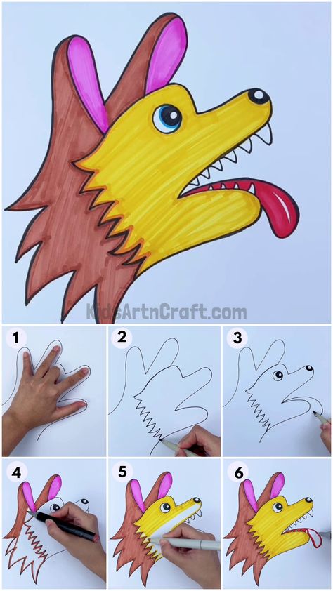 Handprint Dog, Trin For Trin Tegning, Drawing Pictures For Kids, Drawing Ideas For Kids, Hand Art Kids, Easy Art For Kids, Toddler Arts And Crafts, Easy Drawings For Kids, Hand Crafts For Kids