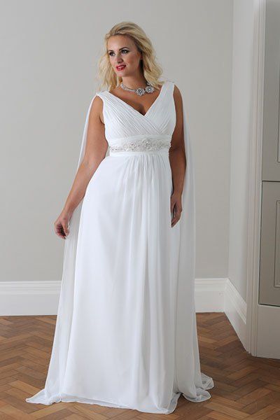 Empire-waist gowns flare out right below the bust. Choose a sweetheart neckline to emphasize décolletage or a square cut to de-emphasize it without looking dowdy.This silhouette is ideal for brides with an hourglass, rectangle (a waist that's about the same size as the shoulders and hips) or strawberry (a figure that's bigger up top, whether due to broad shoulders or a full bust) body shape.Callista, Style 4097 (available in sizes 16-30) Greek Goddess Wedding Dress, Simple Plus Size Wedding Dresses, Greek Style Wedding Dress, Grecian Style Wedding Dress, Goddess Wedding Dress, Grecian Wedding Dress, Greek Wedding Dresses, Grecian Wedding, Plus Wedding Dresses