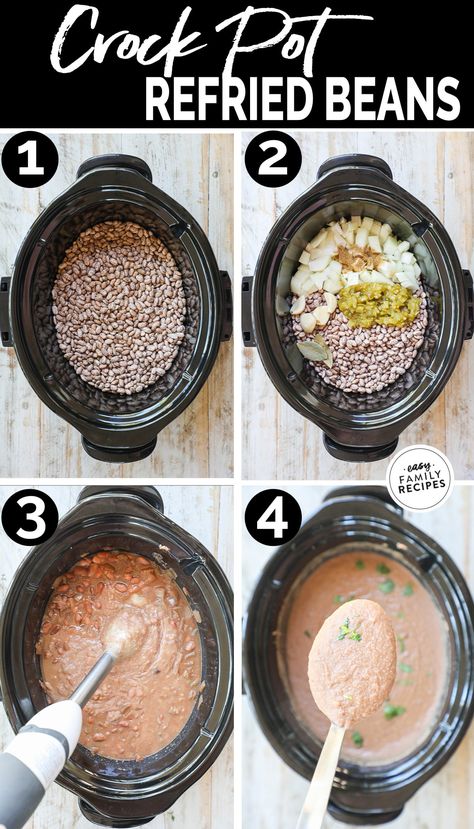 Making Refried Beans from scratch is easier than you think! With just a slow cooker, dried pinto beans and a handful of ingredients. This easy crockpot refried beans recipe cooks away all day giving you tons of flavor with no effort! This easy refried beans recipe feeds a crowd and is a great healthy side dish to add to any Mexican inspired meal. Try it with burritos, tacos, enchiladas, tostadas and more! Refried Beans Crockpot Mexican, Tacos With Refried Beans And Ground Beef, Refried Beans Recipe Crockpot, Crockpot Refried Beans Recipe, Refried Beans Crockpot, Refried Pinto Beans Recipe, Easy Refried Beans Recipe, Crock Pot Refried Beans, Refried Beans From Scratch