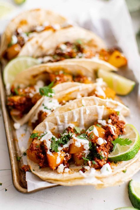 Take Taco Tuesday to the next level with Chorizo Tacos! Chorizo sausage is the ultimate in flavor packed filling. Spiced and seasoned to perfection, cooked with savory garlic and diced onions. Serve in a warmed tortilla with your favorite toppings, and you’ve got a taco recipe you’ll want to make every night of the week! Chorizo Sweet Potato Tacos, Chorizo Tacos Recipes, Recipes With Chorizo Sausage, Sausage Tacos, Spanish Recipe, Chorizo Tacos, Traditional Spanish Recipes, Soy Chorizo, Chorizo Recipes