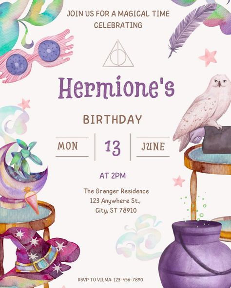 Cute, Smart Witch Birthday Party Evite! #Vfccreativedesigns #DigitalInvitations #InvitationDesign #Cutedesigns #Partyevites #birthdayevites #babyshowerevites #weddingevites #bridalshower #partyevites Hermione Birthday, Witch Birthday, Harry Potter Birthday Invitations, Magical Birthday Party, Fedex Office, Magic Party, Magical Birthday, Harry Potter Birthday Party, Birthday Party Invite