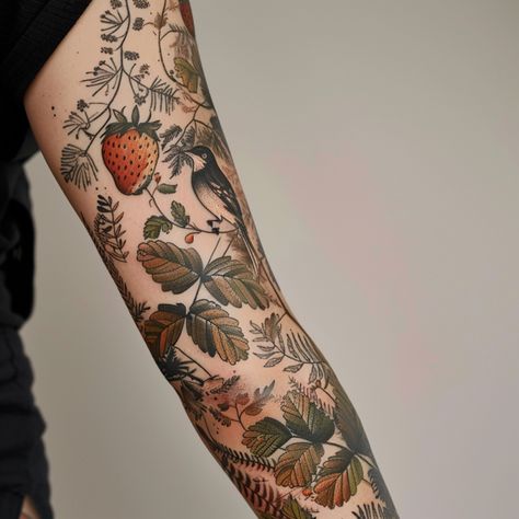 40 Whimsical Tattoos For Anyone Craving Something Different Botanical Insect Tattoo, Berry Sleeve Tattoo, Fungal Tattoo, Woodland Creature Tattoo, Fairy Garden Tattoo Sleeve, Woodland Tattoo Sleeve, Vegetable Tattoos, Botanical Sleeve Tattoo, Nature Sleeve Tattoo