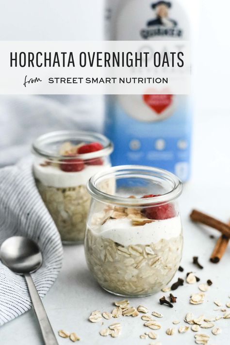 Lactose-Free Horchata Overnight Oats | Discover the creamy, smooth texture of Quaker Oat Beverage in this super simple overnight oats recipe. Plus, learn more about the heart-healthy benefits of Quaker Oat Beverage! #ad #Quaker #horchatarecipes #overnightoats #streetsmartnutrition Horchata Oatmeal, Horchata Overnight Oats, Savory Breakfast Recipes, Breakfast Prep, Breakfast Recipes Sweet, Overnight Oats Recipe, Best Breakfast Recipes, Oats Recipes, Savory Breakfast