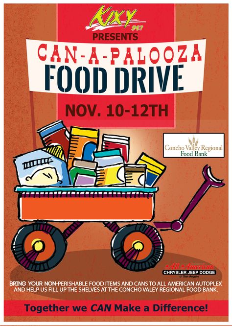 "Can-a-palooza" Food Drive #flyer design for Foster Communications and 94.7 KIXY FM upcoming can collection event in November. Food Drive Bulletin Board Ideas, Food Drive Poster Ideas, Food Drive Poster, Food Drive Ideas, Food Pantry Ideas, Food Drive Flyer, Canned Food Drive, Little Free Pantry, Drive Poster