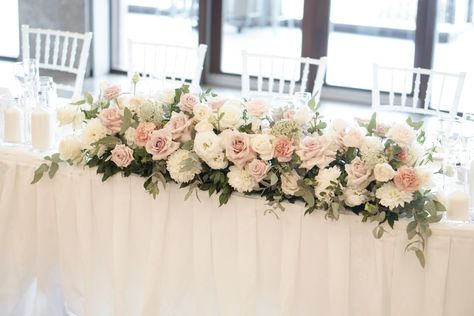 Head Table Arrangement Wedding, Head Table Flower Arrangement, Head Table Wedding Flowers, Wedding Flower Arrangements Pink, Bride Table, Glass Wedding Centerpieces, White Hydrangea Wedding, Wedding Reception Head Table, Top Table Flowers