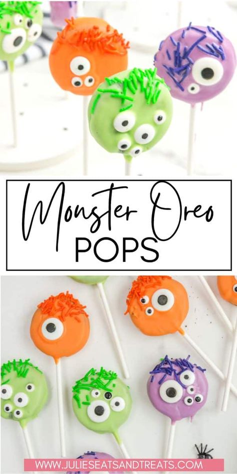 If you are looking for an easy, but cute Halloween treat then make these Monster Oreo Pops. They are a quick no-bake Halloween dessert that kids and adults will love. Plus, they make a great activity for Halloween parties! Scary Desserts, White Chocolate Covered Oreos, Halloween Dip, Oreo Cookie Pops, Halloween Snack Mix, Halloween Treats To Make, Halloween Oreos, Cute Halloween Treats, White Chocolate Covered